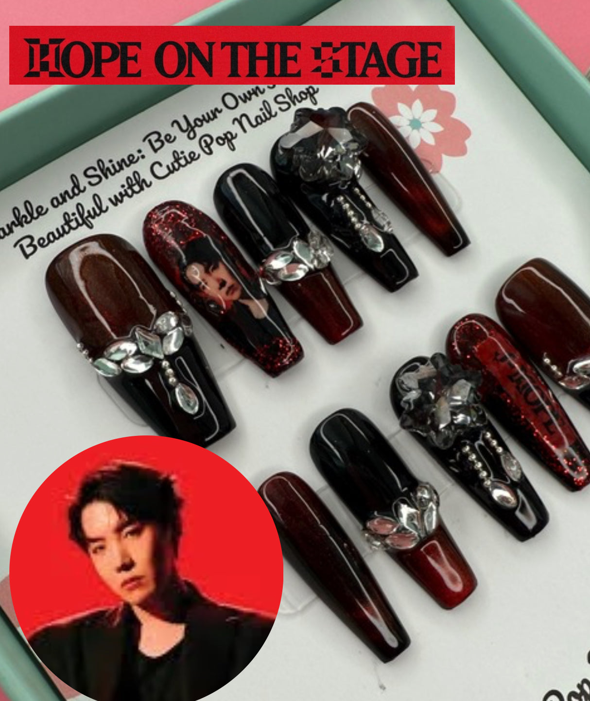 Bts J-Hope Nails, red and black long concert nails with magnetic cat’s eye and red glitter polish